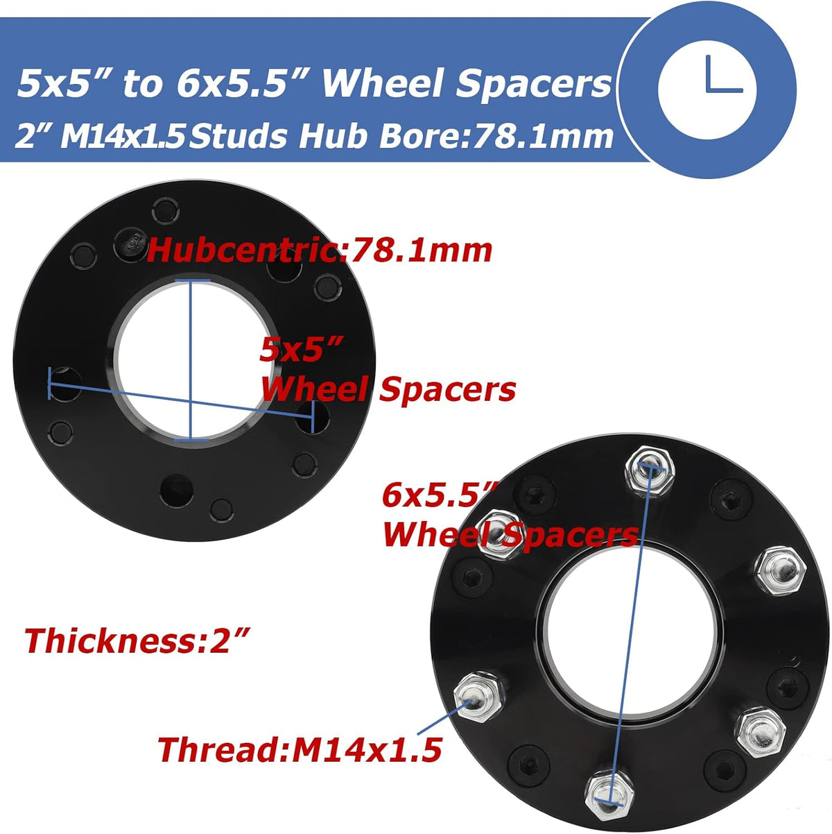 2 Inch 5x5 to 6x5.5 Wheel Adapters with M14x1.5 Studs B4853