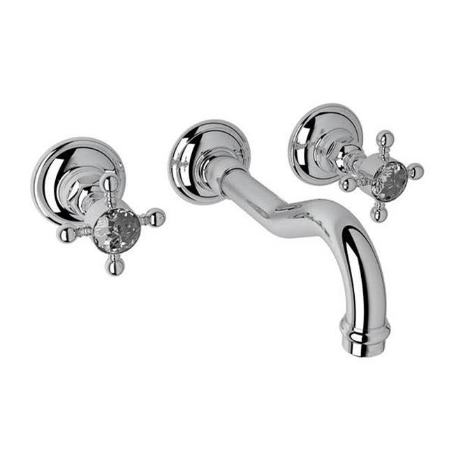 Polished Chrome Wall Mount Widespread Lavatory Faucet with Crystal Cross Handles S2361