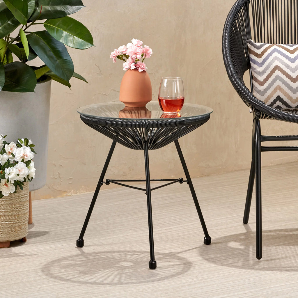 Black Tempered Glass Top Faux Rattan Side Table G123281