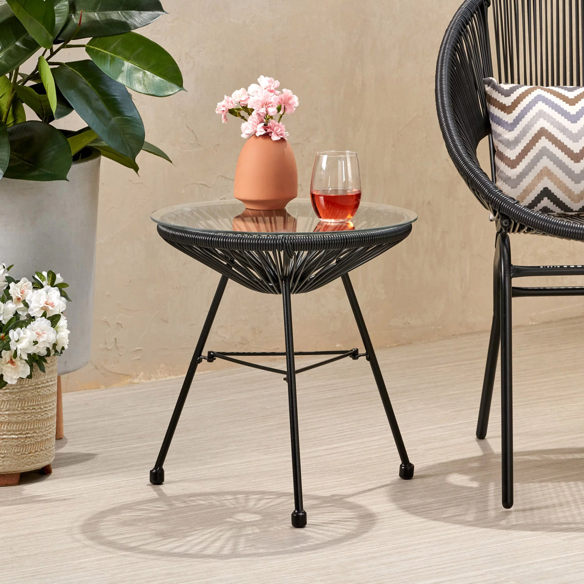 Black Tempered Glass Top Faux Rattan Side Table G123281