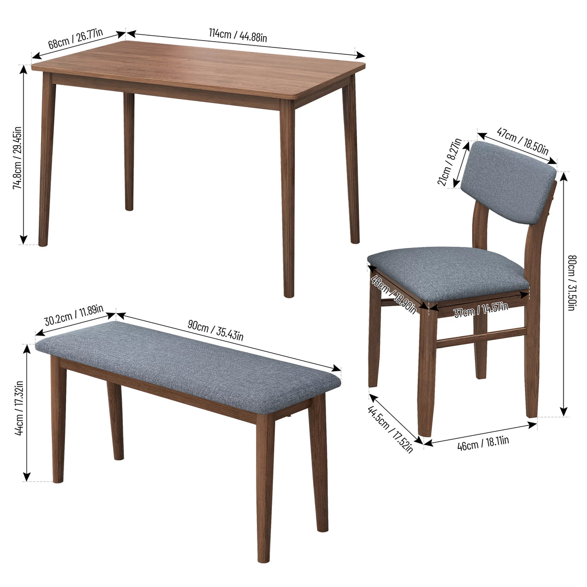 Grey Rubber wood Dining Table Set with 2 Benches and 2 Chairs K83363