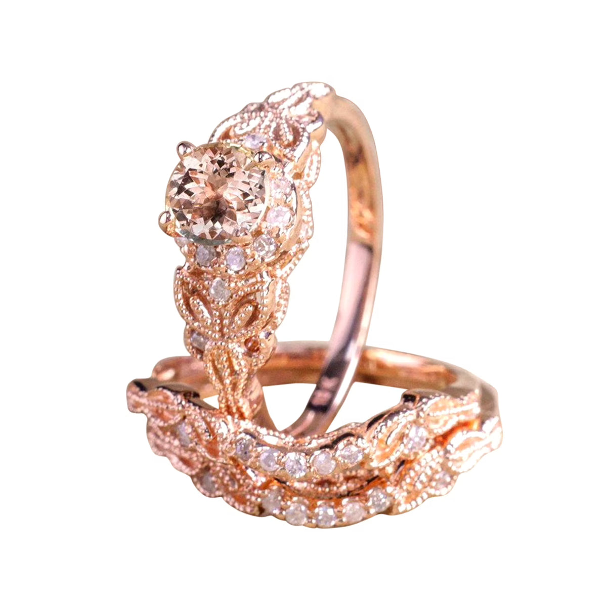 Morganite and Diamond Trio Ring Set in 10k Rose Gold V89539