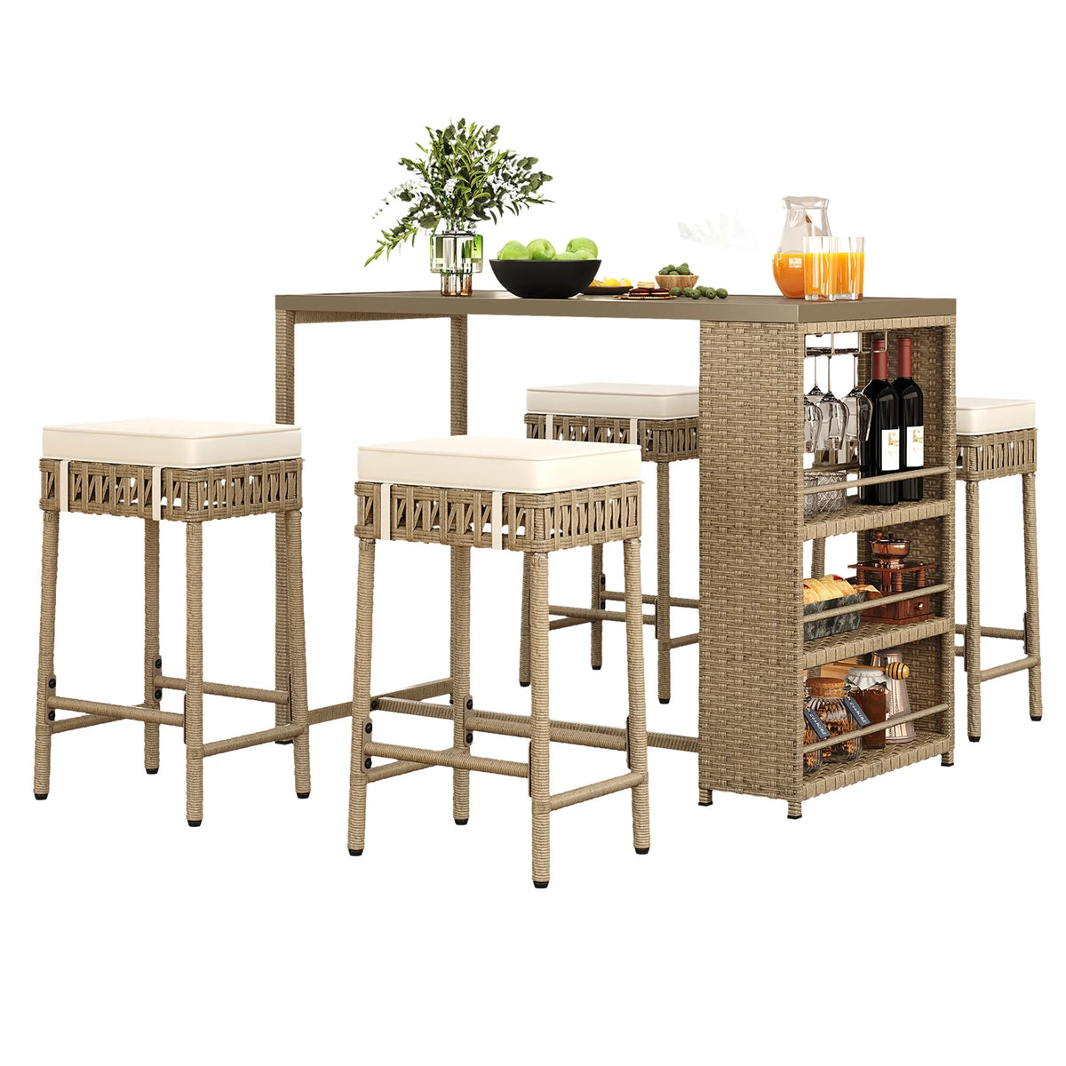 Beige 5 Piece Rattan Wicker Bar Set with 4 Bar Stools Z8768