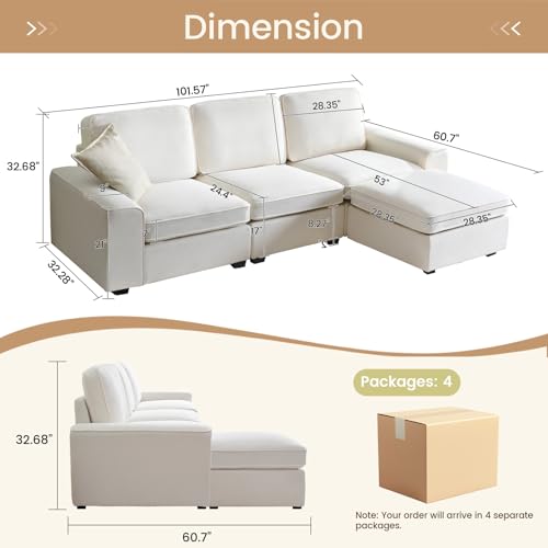 White Chenille L Shaped Sectional Sofa with Storage Ottoman D472