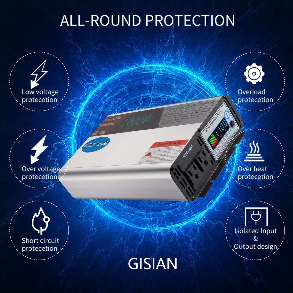 1000W Pure Sine Wave Power Inverter 12V DC to 110V AC with LCD Display 2 AC Outlets L552