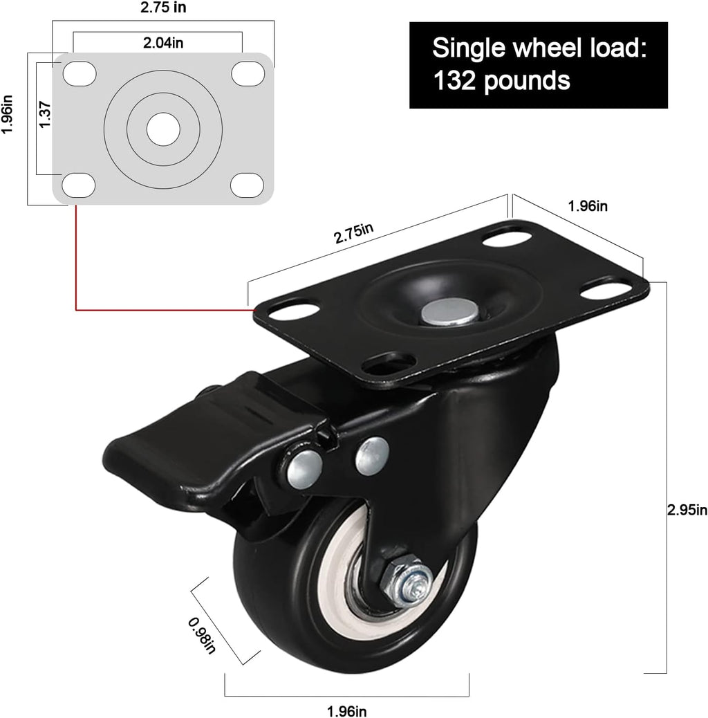 Black 2 inch Swivel Casters Set of 4 with Safety Brake H163