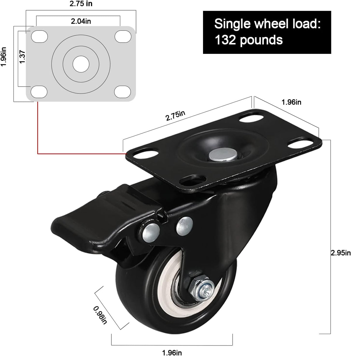 Black 2 inch Swivel Casters Set of 4 with Safety Brake H163