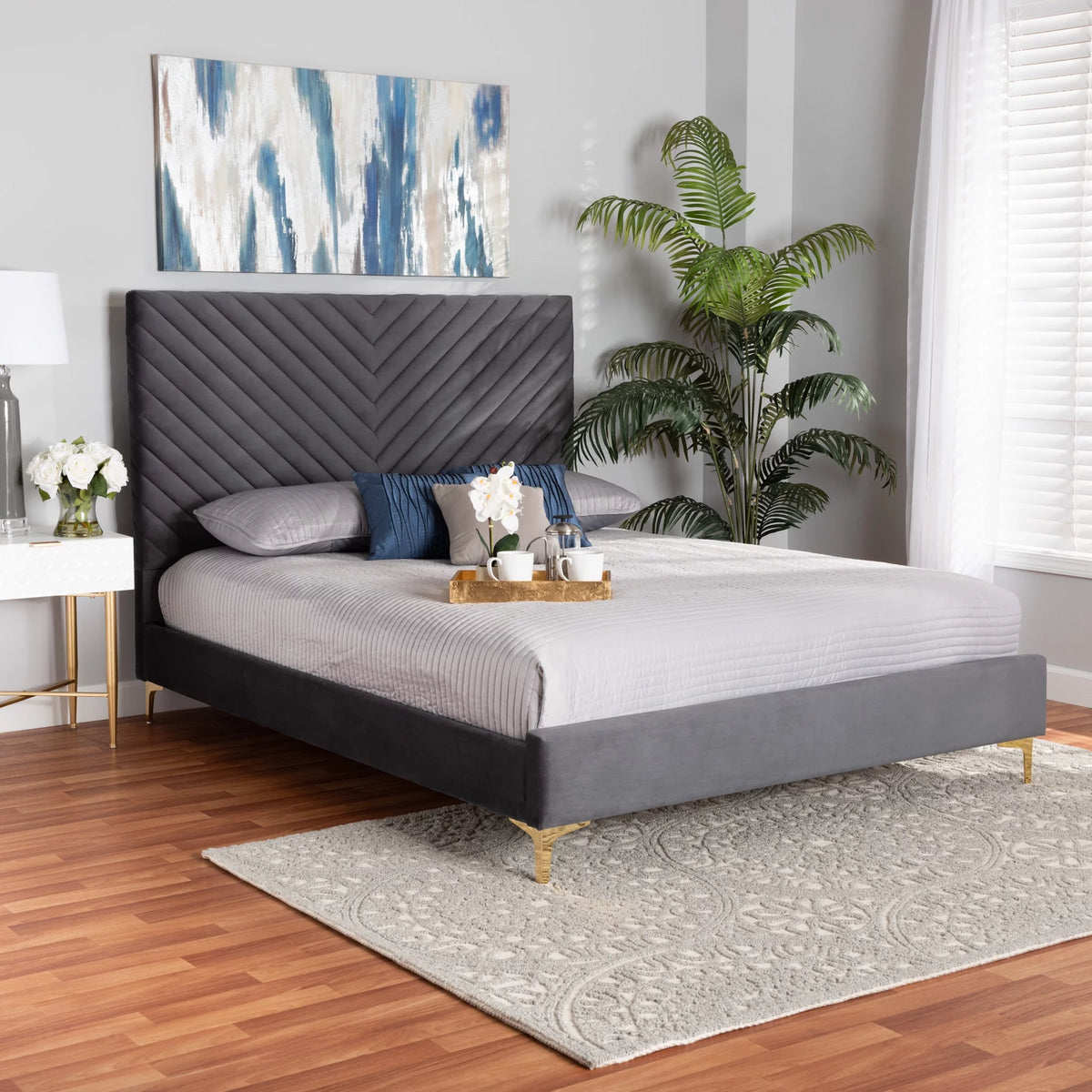 Grey Velvet King Size Platform Bed T630734