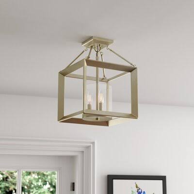 3 - Light 11.8x22 Lantern Square Semi Flush Mount Fixture White Gold Clear S257