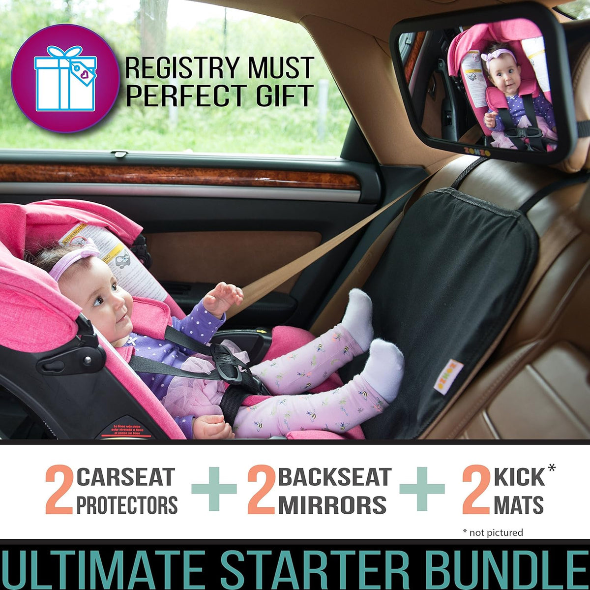 Double Baby Car Bundle - Car Seat Protector Cover, Baby Car Mirror, Kick Mat Organizer J94501