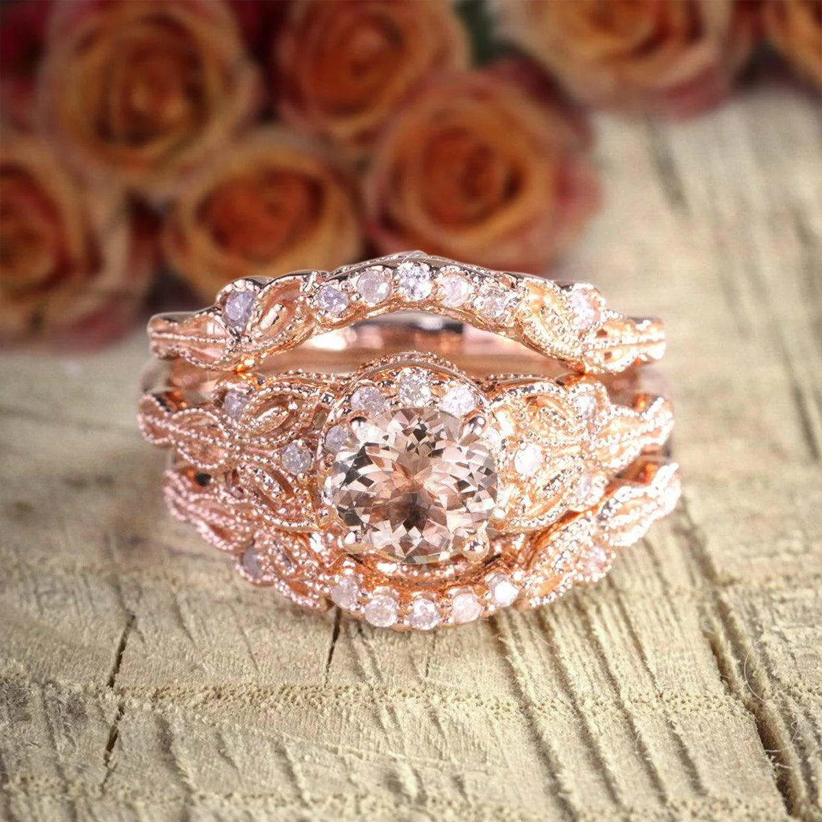 Morganite and Diamond Trio Ring Set in 10k Rose Gold V89539