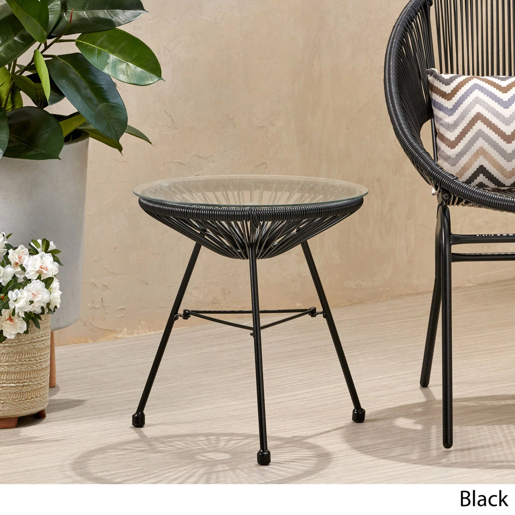 Black Tempered Glass Top Faux Rattan Side Table G123281