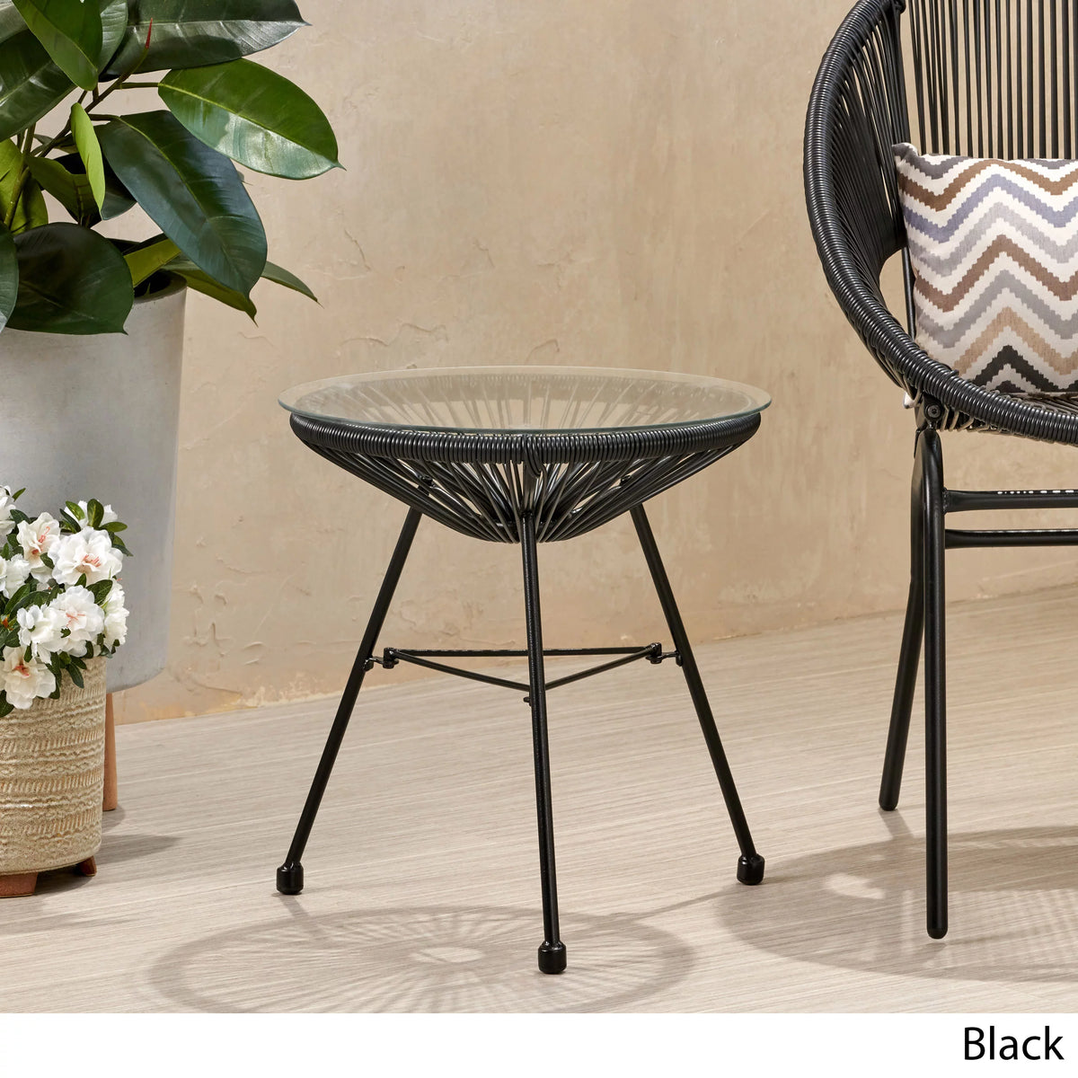 Black Tempered Glass Top Faux Rattan Side Table G123281