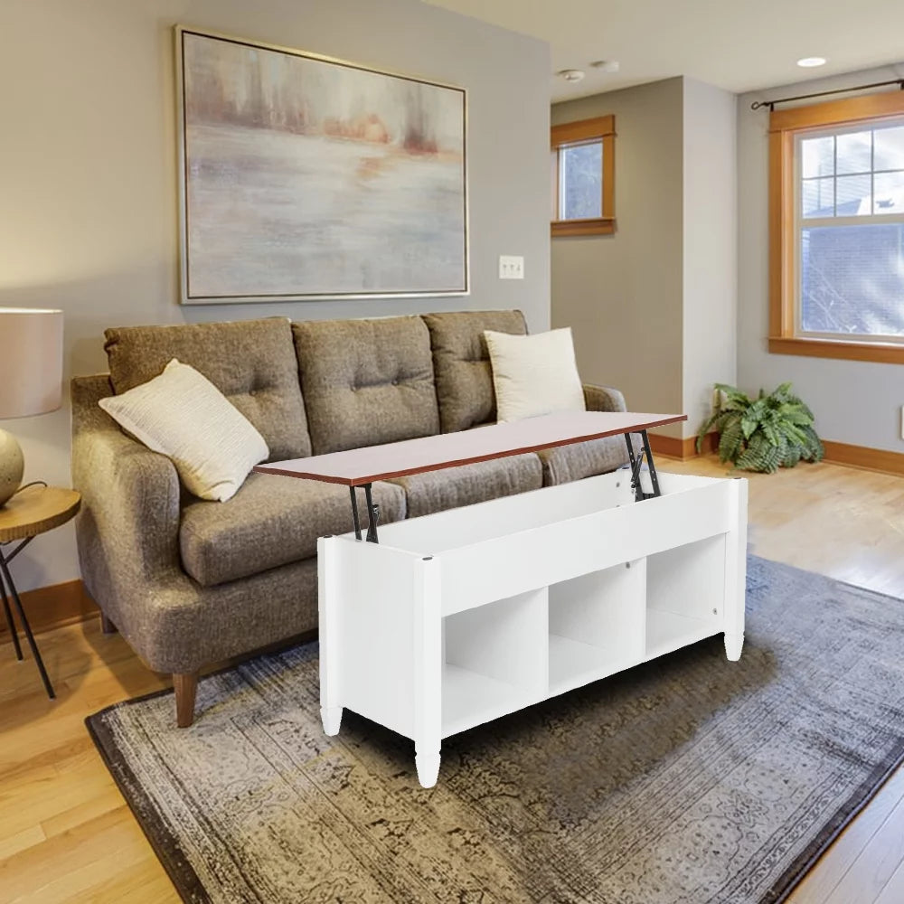 Lift Top White Solid Wood Coffee Table with Storage Shelves V1660