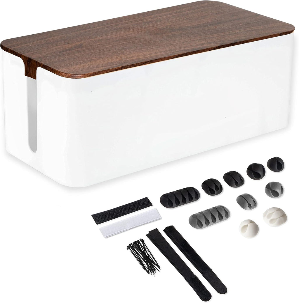 Cable Management Box with Dark Wood Top and White Cord Organizer X386