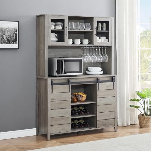 White Tall Farmhouse Coffee Bar Wine Cabinet with Sliding Barn Doors and Storage D891