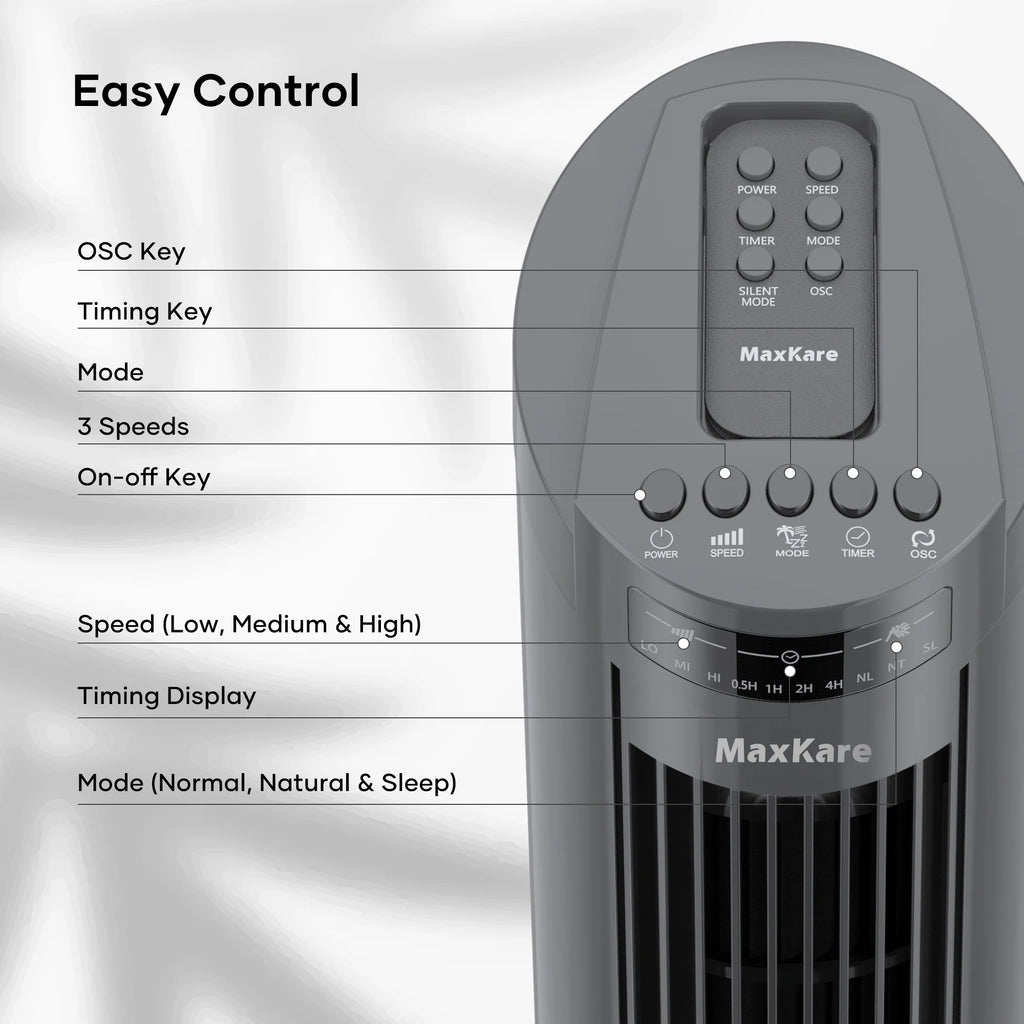 70° Oscillating Tower Fan with Remote Control 3 Speeds 3 Wind Modes Timer Dark Gray K2293