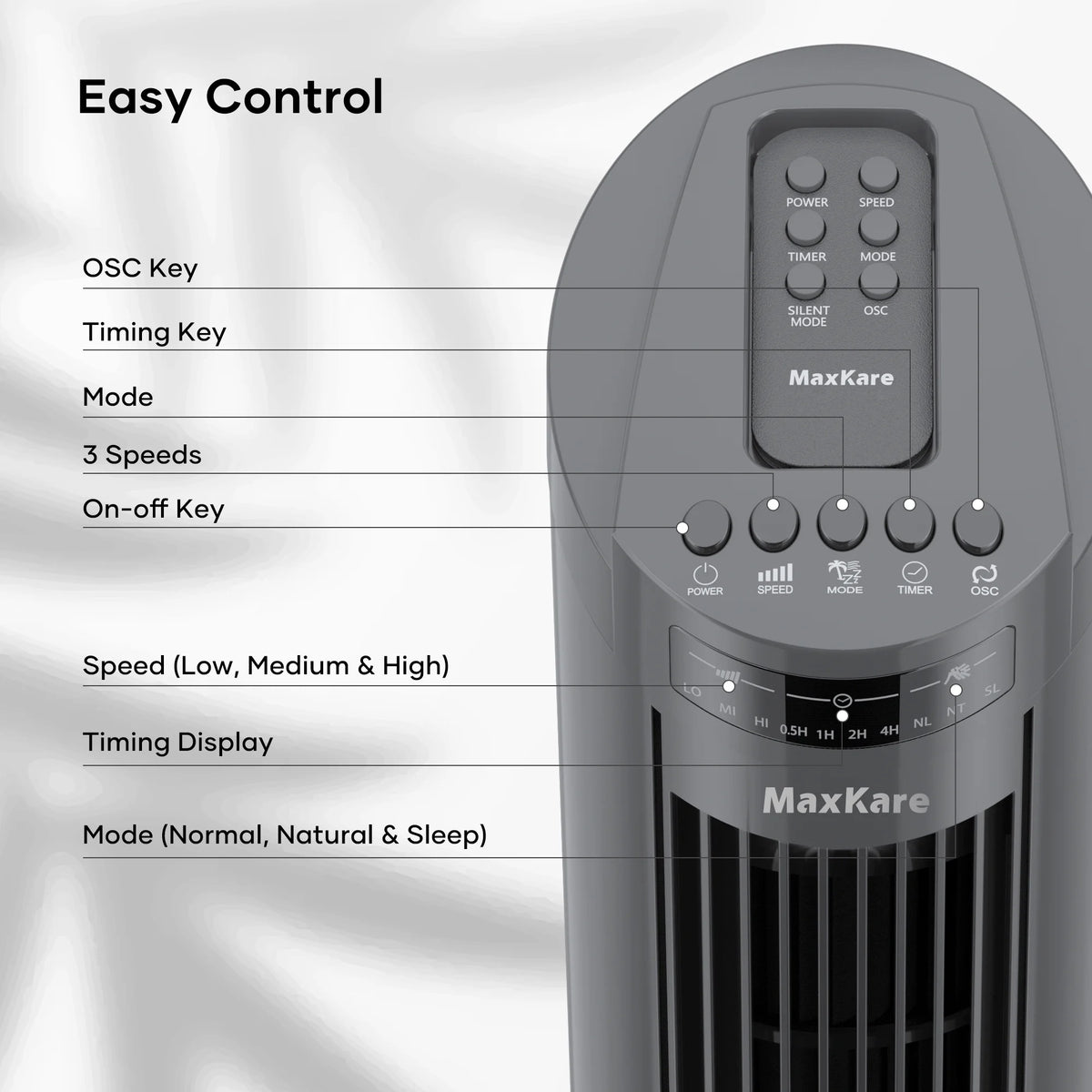 70° Oscillating Tower Fan with Remote Control 3 Speeds 3 Wind Modes Timer Dark Gray K2293