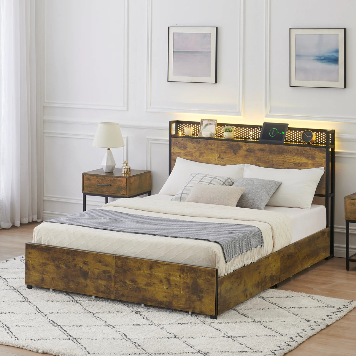 Queen Size Platform Bed Frame with Storage Headboard and 6 Drawers Q158131