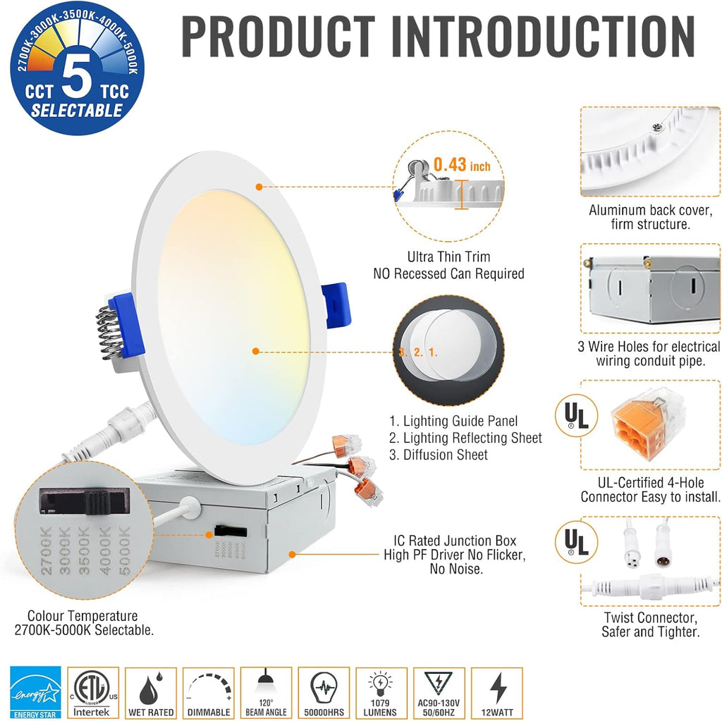 12 Pack 6Inch 5CCT Dimmable LED Recessed Light with Junction Box T8717