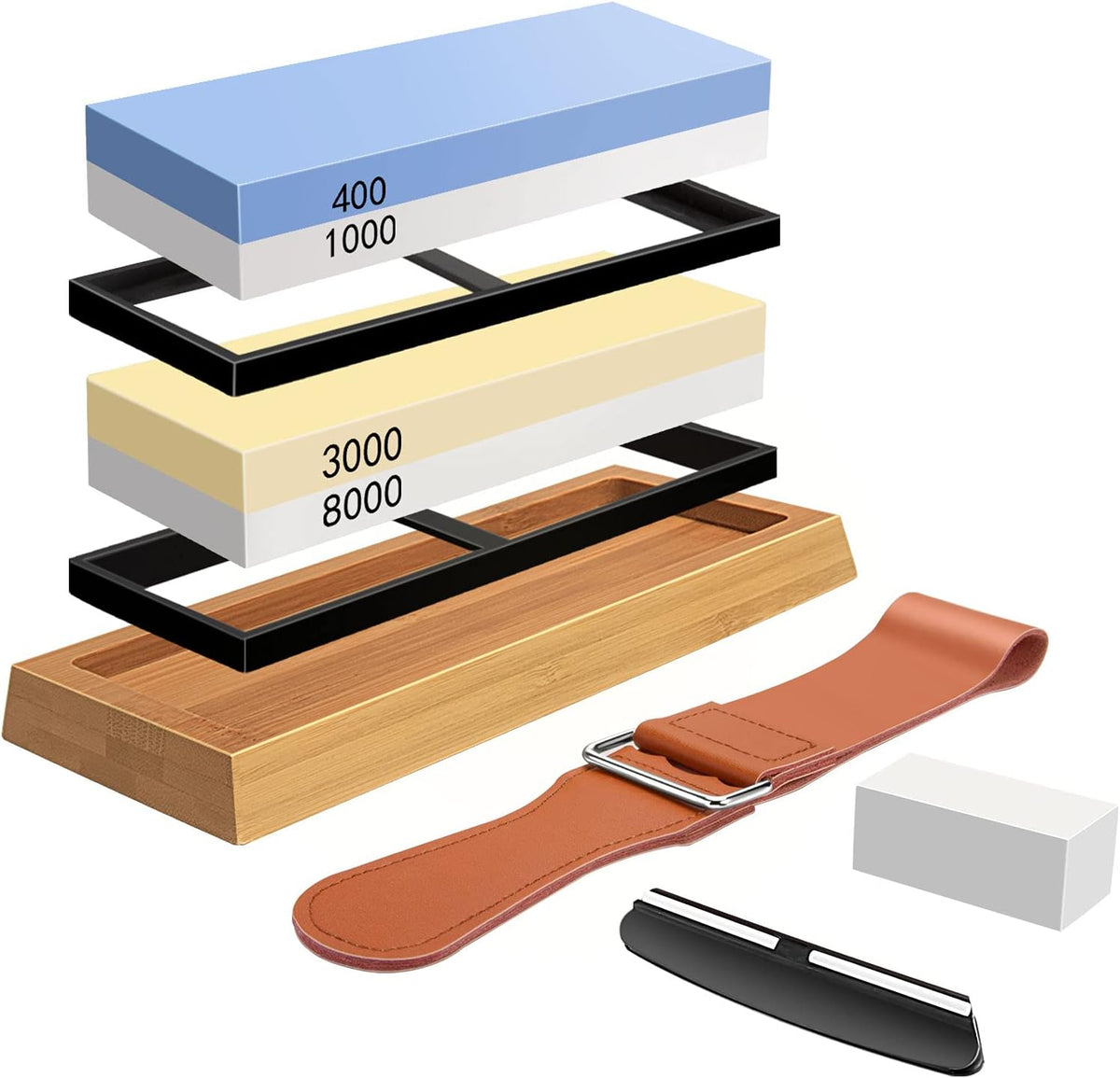 4 Side Grit 400/1000 3000/8000 Whetstone Set with Bamboo Base M11676