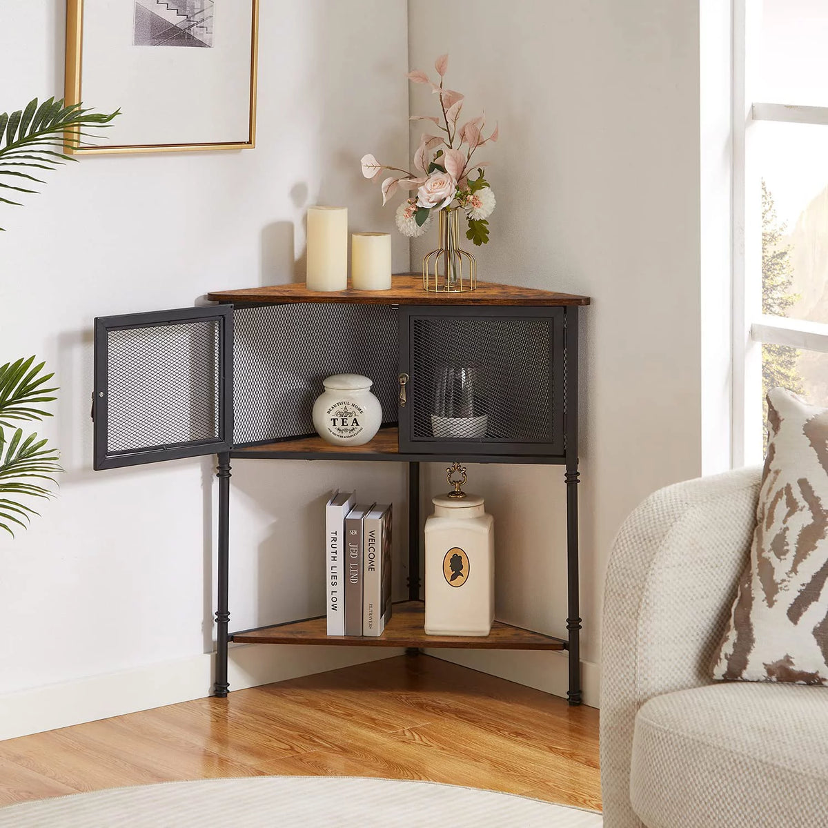 Brown 3-Tier Corner Shelf with Storage Cabinet D143626