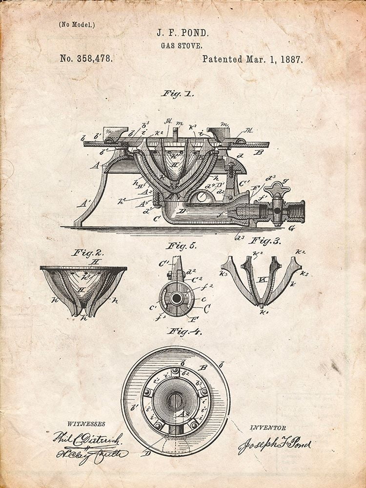 Vintage Parchment Gas Stove Range 1887 Patent Poster W34063