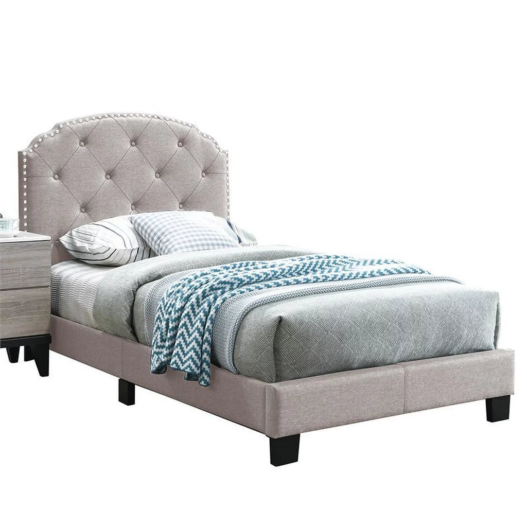 Twin Burlap Fabric Upholstered Bed Frame with Slats in Light Brown I7780