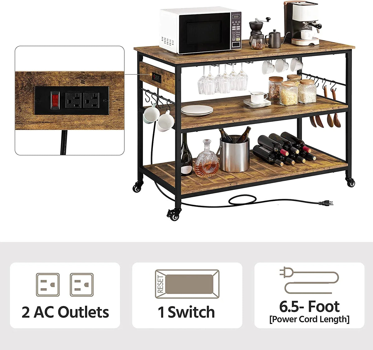 Rustic Brown Rolling Kitchen Cart with Power Outlet Y6918