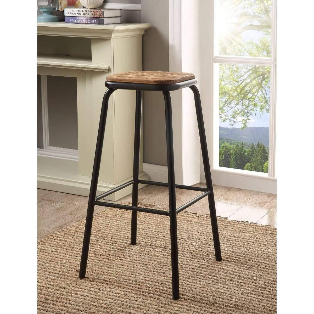 Industrial Style Metal Frame Wooden Bar Stool Brown and Black Set of Two M7544