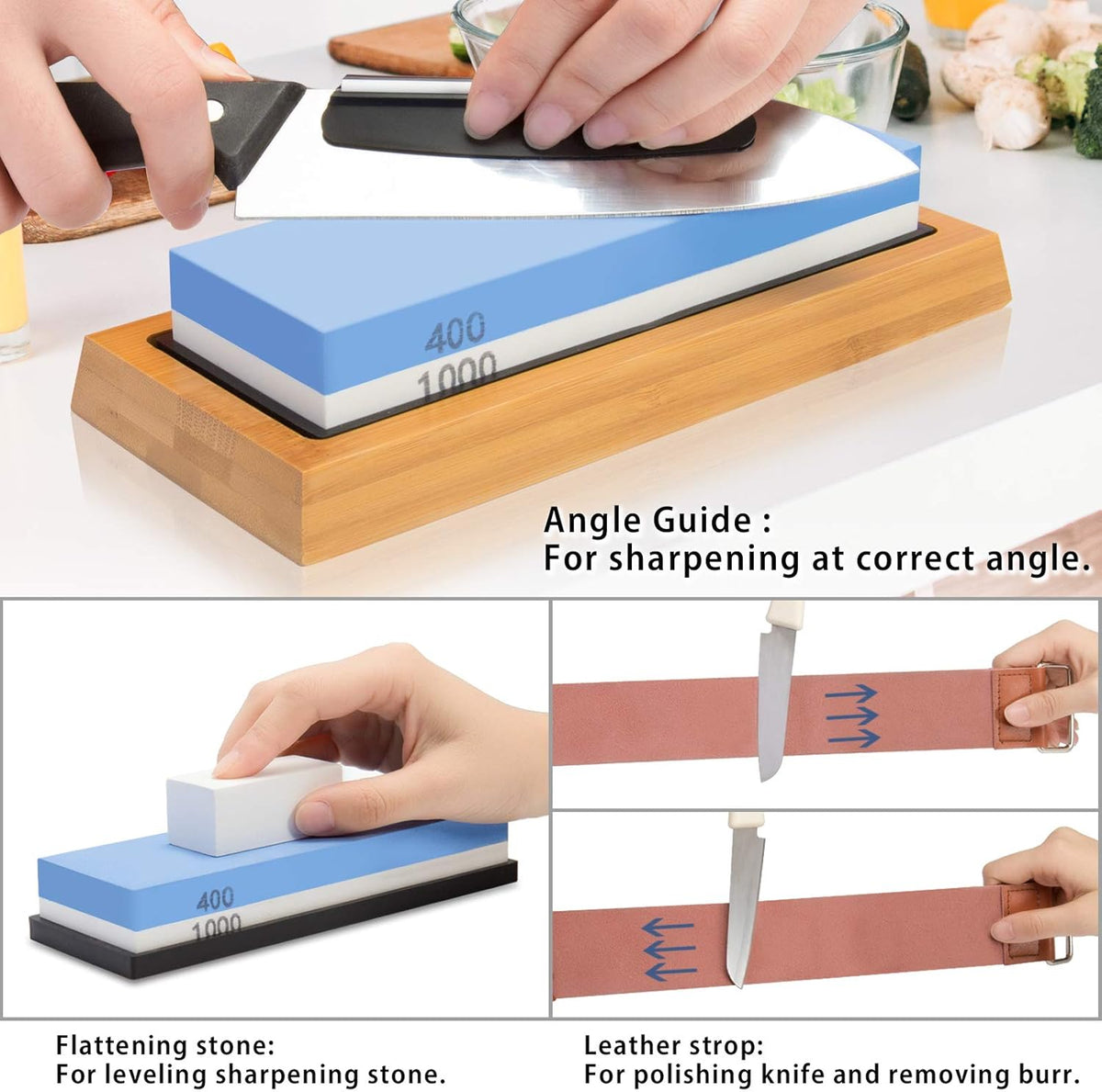 4 Side Grit 400/1000 3000/8000 Whetstone Set with Bamboo Base M11676