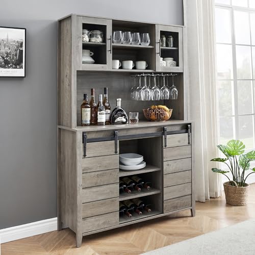 White Tall Farmhouse Coffee Bar Wine Cabinet with Sliding Barn Doors and Storage D891