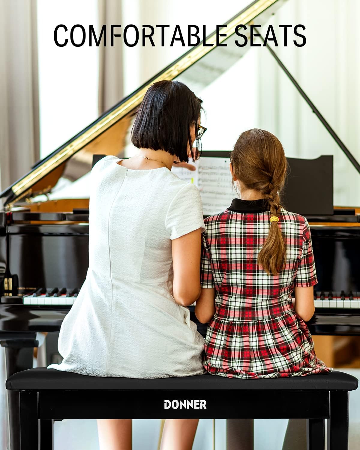 Black Solid Wooden Piano Bench with Storage G374