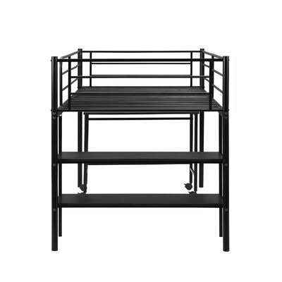 Black Twin Size Metal Low Loft Bed with Shelves and Built-In-Desk E677