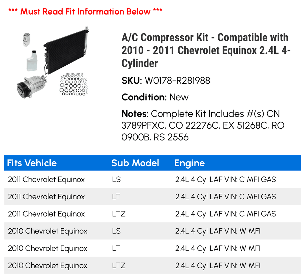 A/C Compressor Kit for 2010-2011 Chevy Equinox 2.4L M166