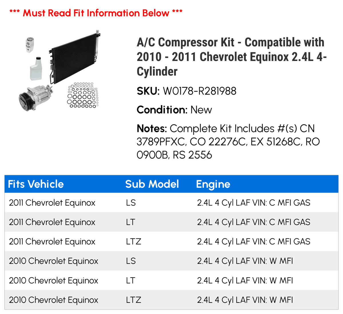 A/C Compressor Kit for 2010-2011 Chevy Equinox 2.4L M166