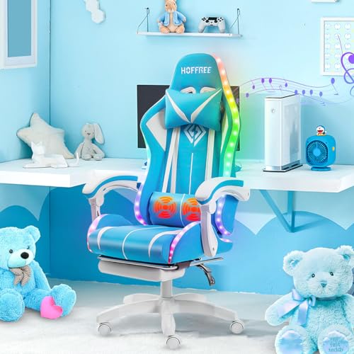 Blue and Black RGB Gaming Chair with Speakers and Footrest J630