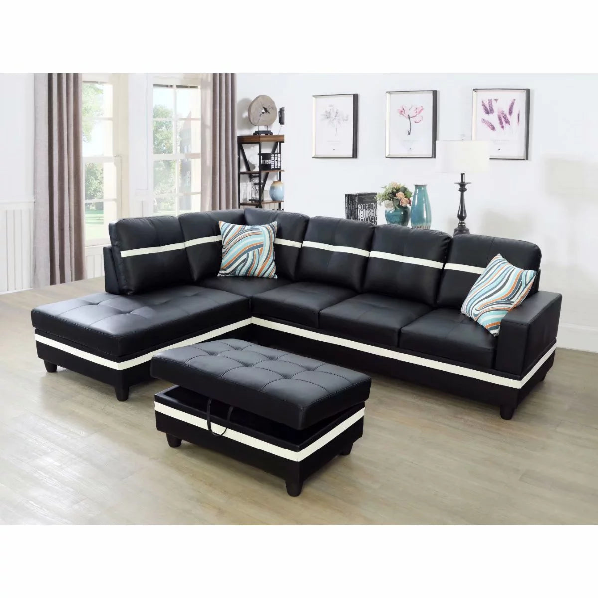 Black Leather 3PC L-Shaped Sectional Sofa H6421
