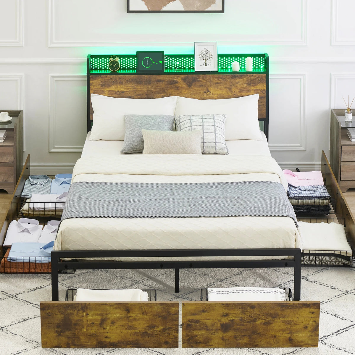 Queen Size Platform Bed Frame with Storage Headboard and 6 Drawers Q158131