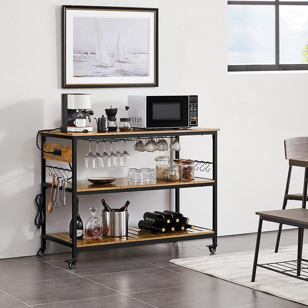 Rustic Brown Rolling Kitchen Cart with Power Outlet Y6918