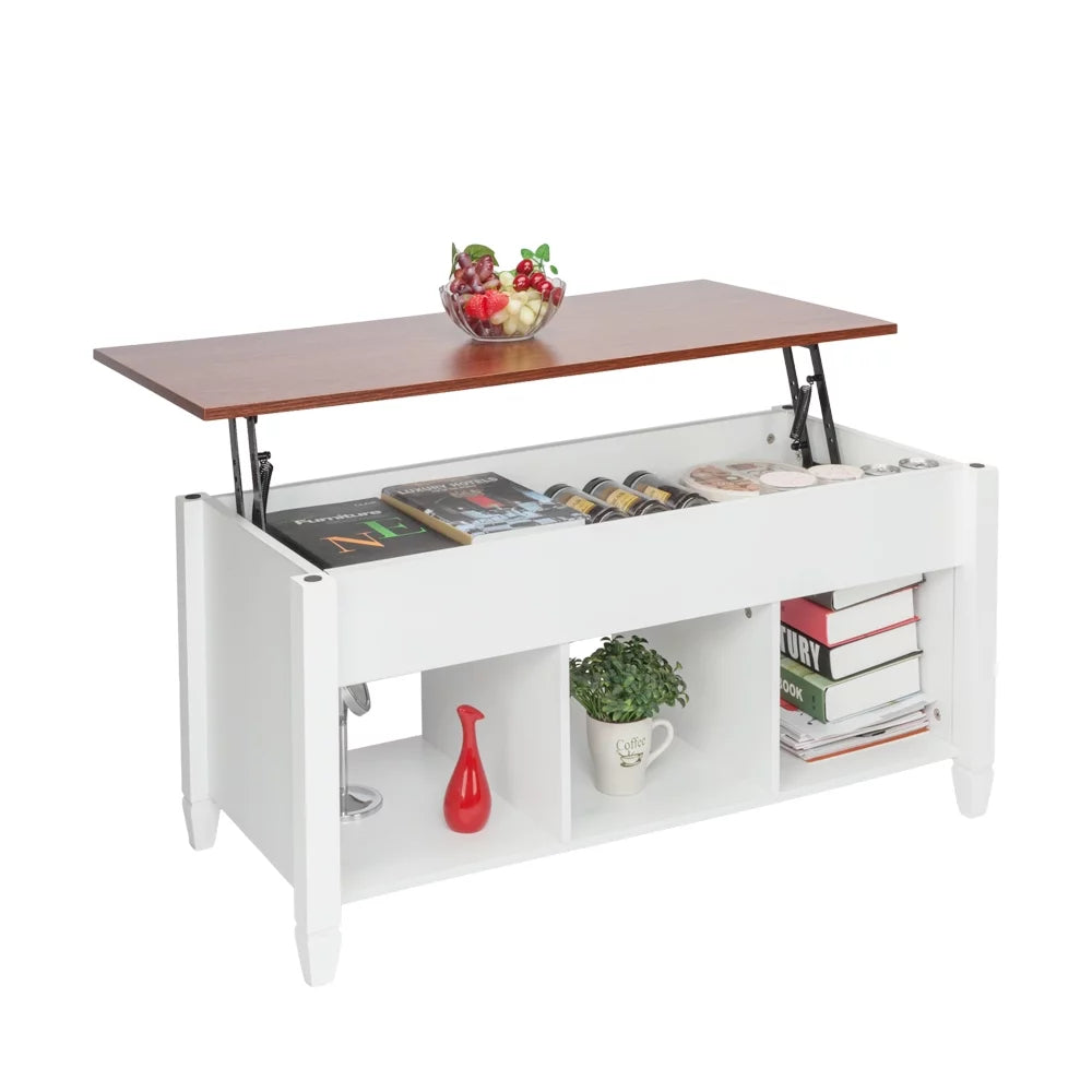 Lift Top White Solid Wood Coffee Table with Storage Shelves V1660
