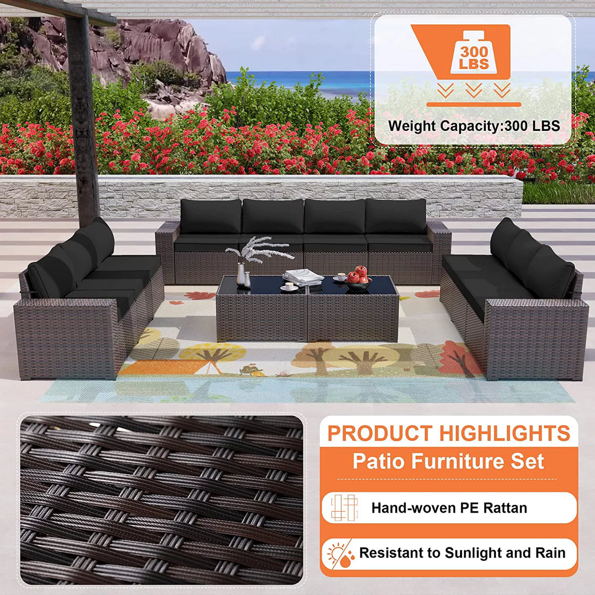 13 Pieces Outdoor Patio Rattan Wicker Furniture Set with Fire Pit Table A73787