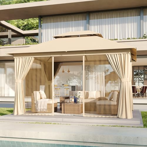 10'x12' Beige Outdoor Patio Gazebo with Mosquito Nettings and Privacy Screens R1522