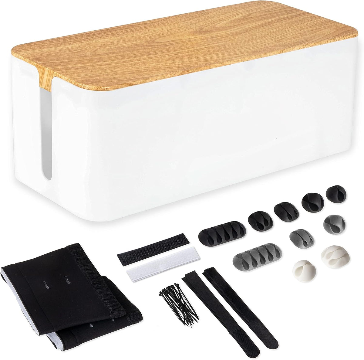 Cable Management Box with Dark Wood Top and White Cord Organizer X386