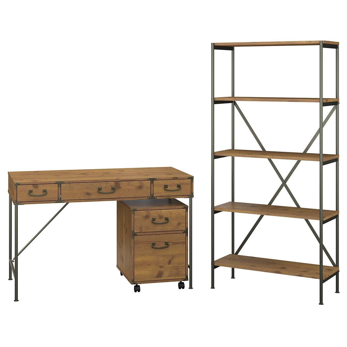 48W Writing Desk with Mobile File Cabinet and 5 Shelf Bookcase, Restored Gray I72849