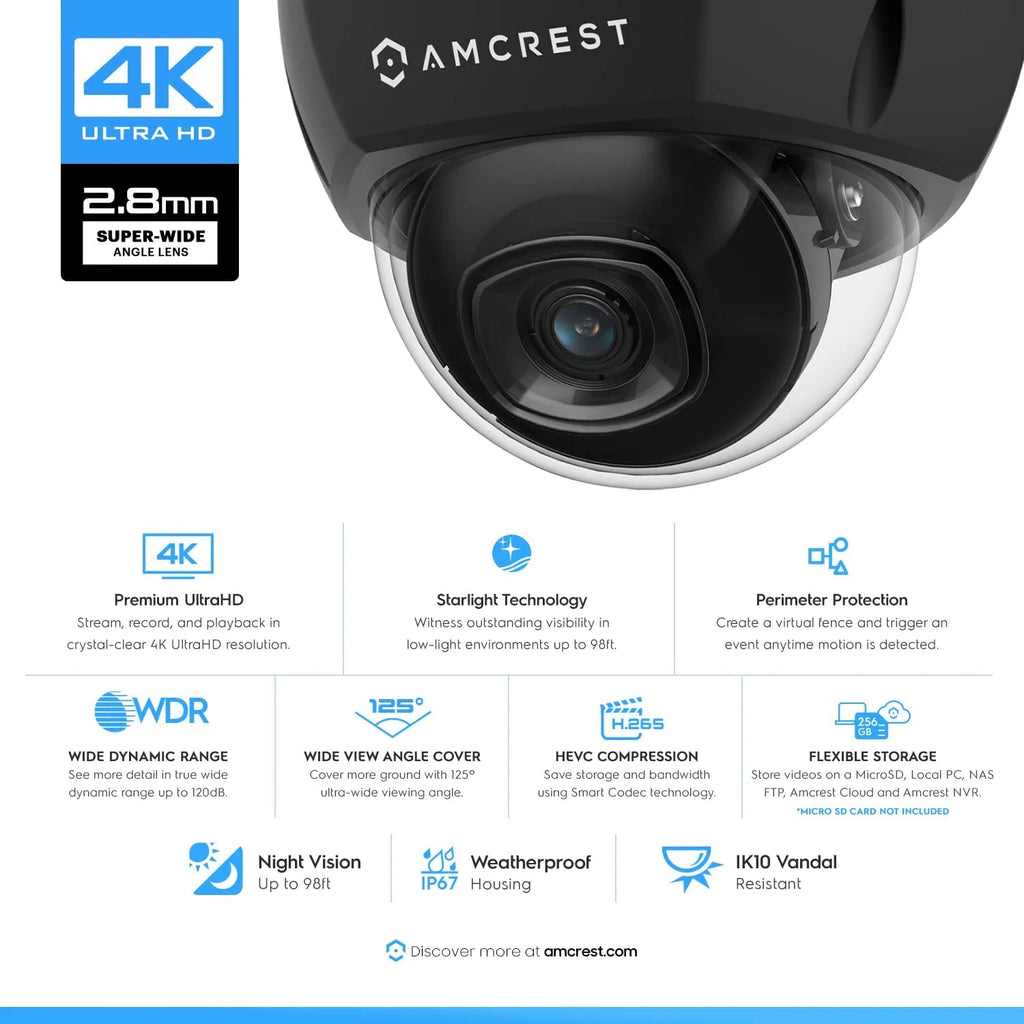 4K 8MP Outdoor Security POE IP Dome Camera with 98ft NightVision 2.8mm Lens I3059