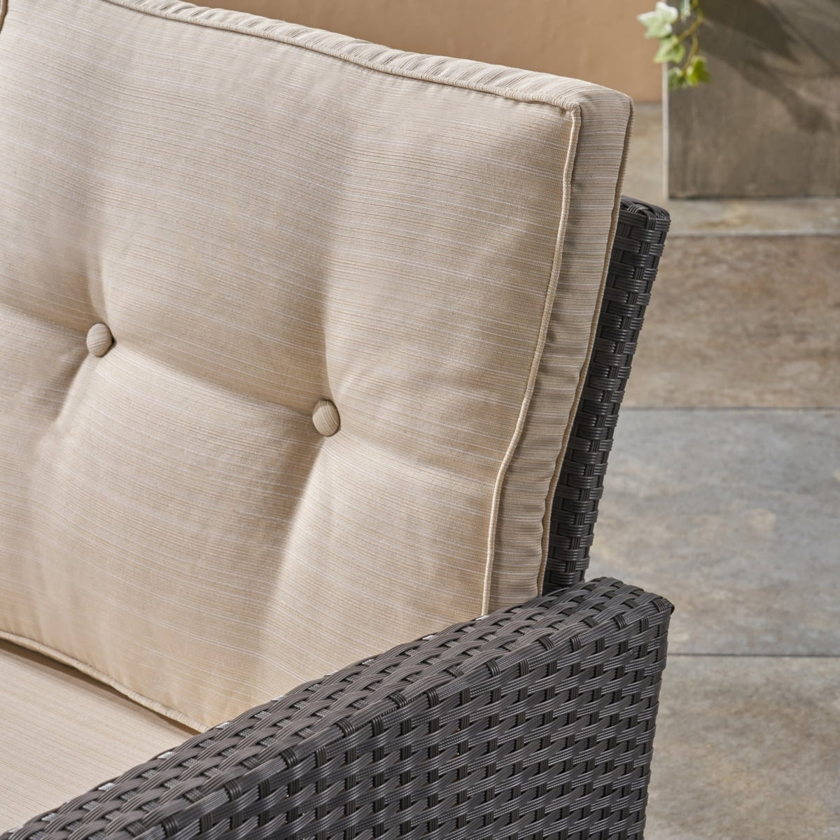 Beige and Dark Brown Outdoor Wicker 3 Seater Sofa with Tufted Cushions Y427