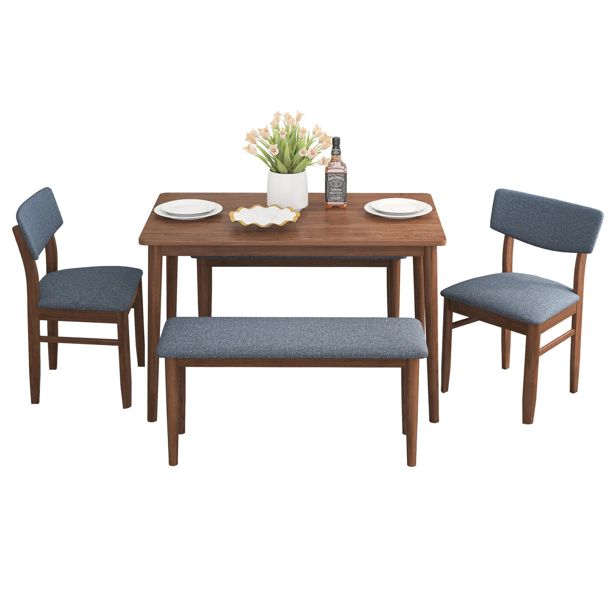 Grey Rubber wood Dining Table Set with 2 Benches and 2 Chairs K83363