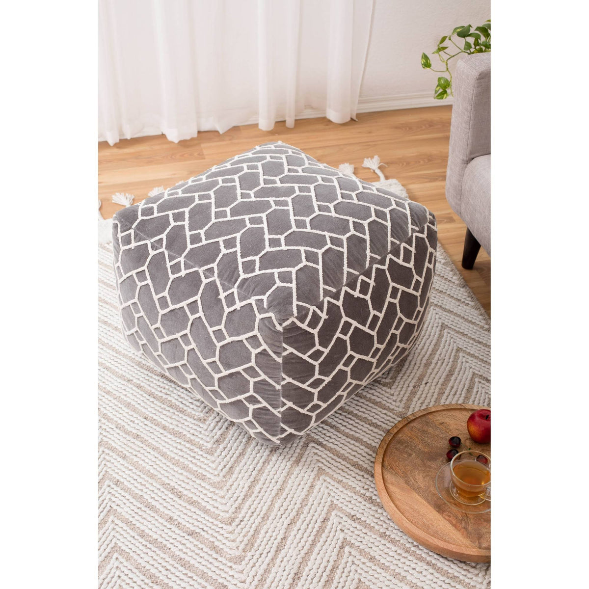 Charcoal Square Velvet Pouf P895390