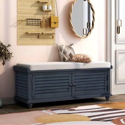 Navy Blue Solid Wood Storage Bench A338402